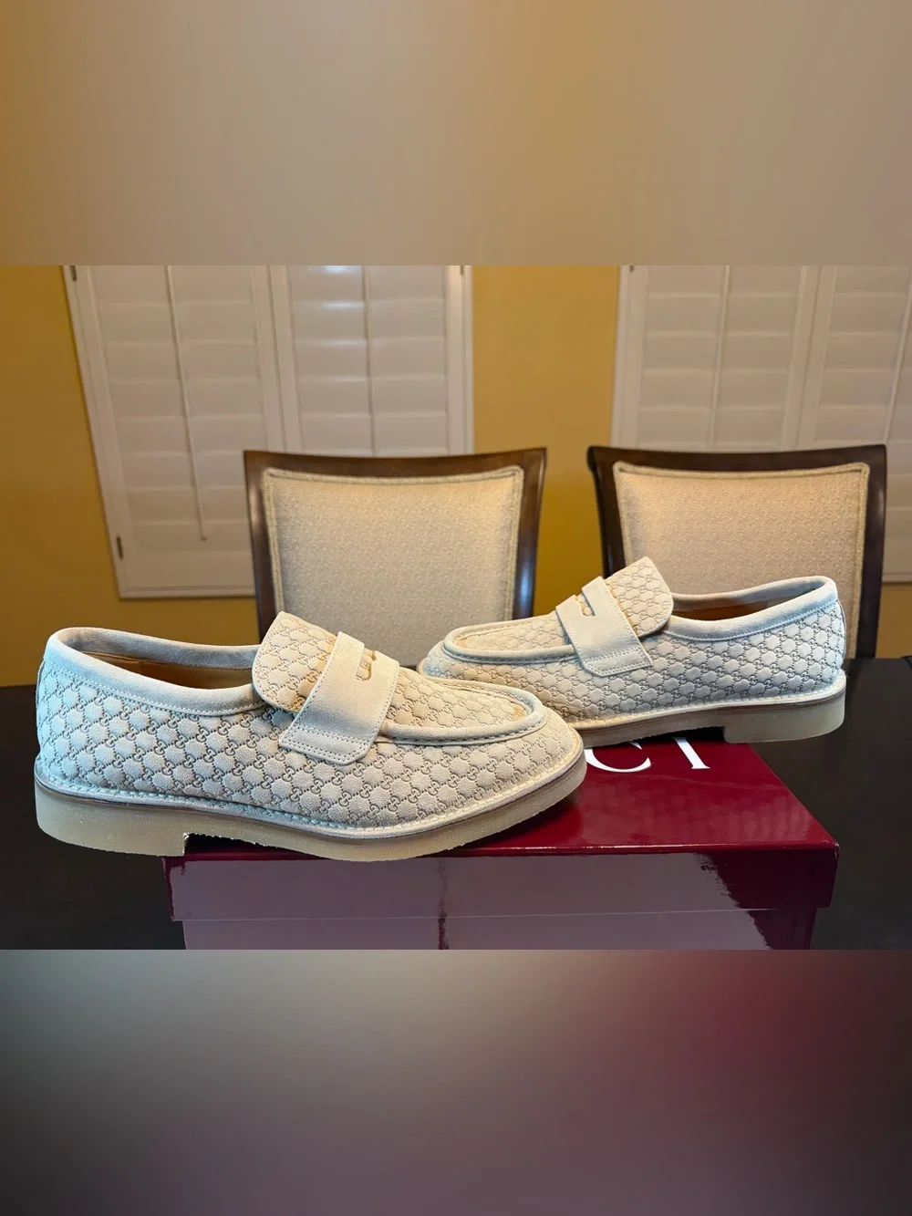 New Authentic Gucci GG Logo Suede Loafers Cream UK 11.5 / US 12